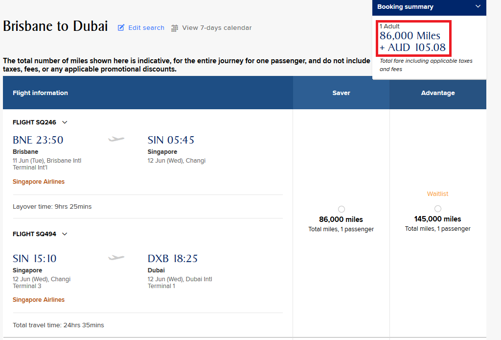 Brisbane to Dubai using KrisFlyer Miles