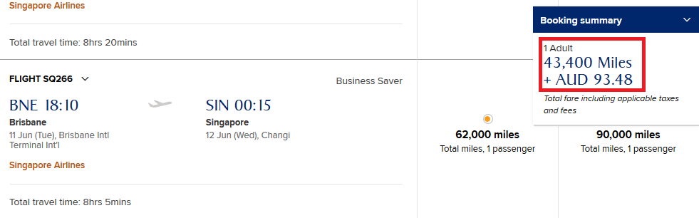 Brisbane to Singapore using KrisFlyer Miles