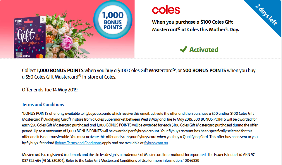 Coles Gift Mastercard bonus flybuys offer