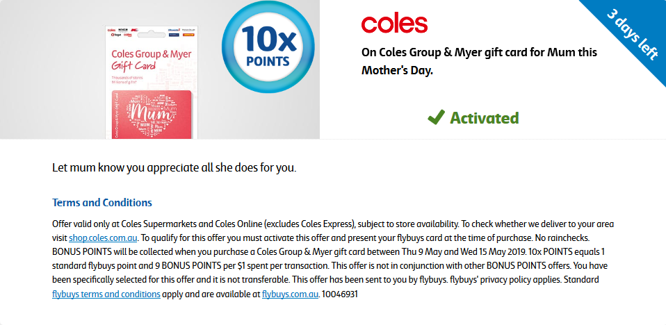 Coles Myer Card 10x points