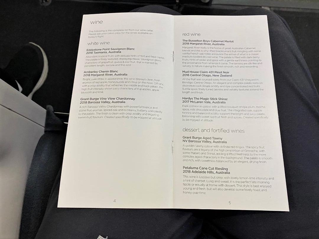 Virgin Australia Business Class Drinks Menu