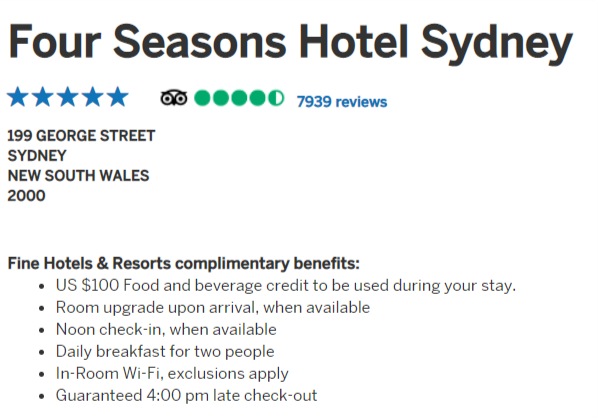 Four Seasons Sydney, Amex FH&R benefits