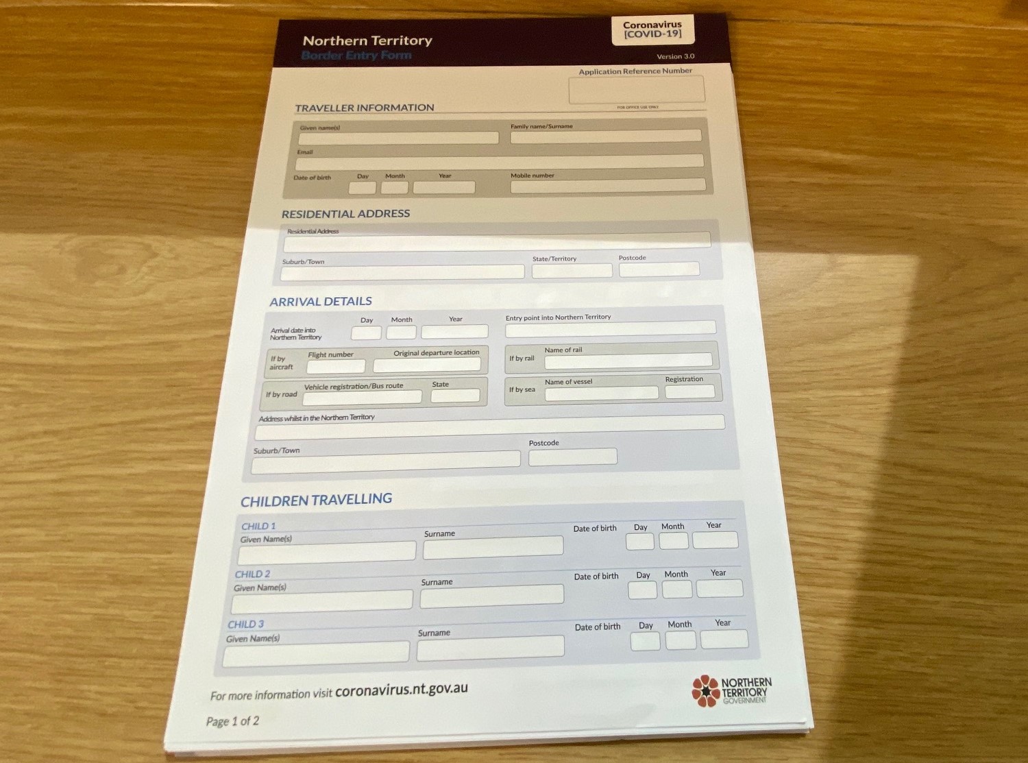 Border Entry Form, Northern Territory