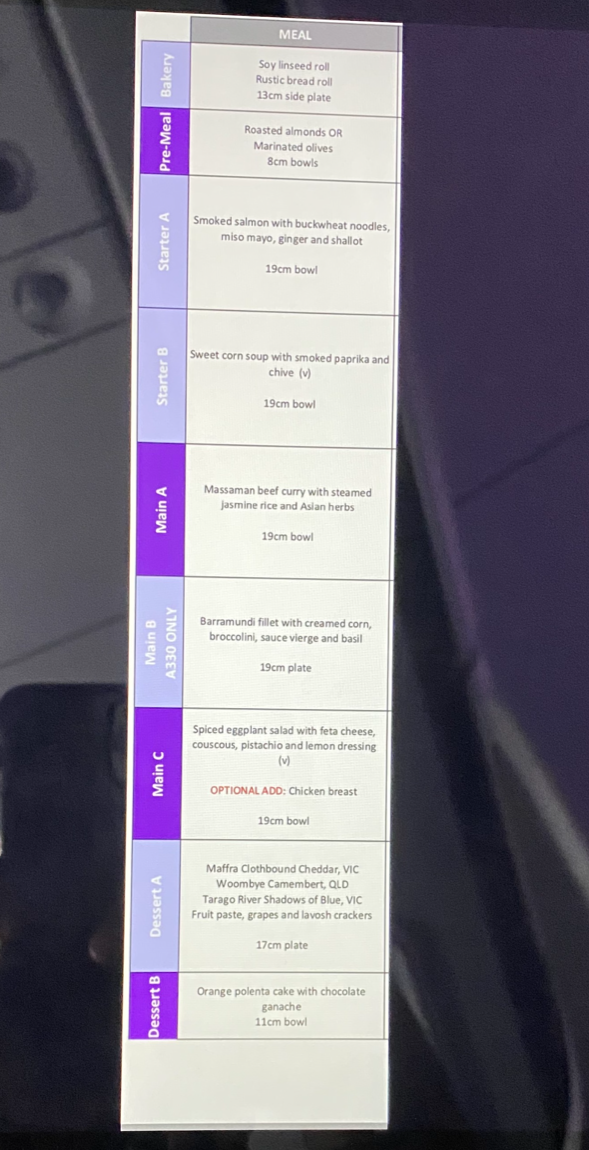 Virgin Australia A-330 Business Class, Lunch Menu