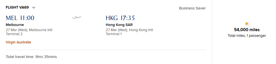 Melbourne to Hong Kong on Virgin Australia using KrisFlyer miles