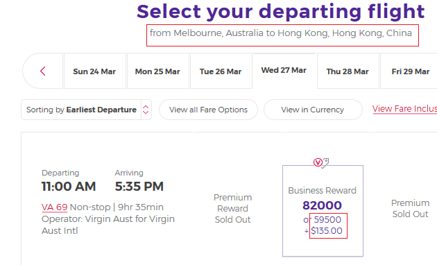 Melbourne to Hong Kong redemption on Virgin Australia