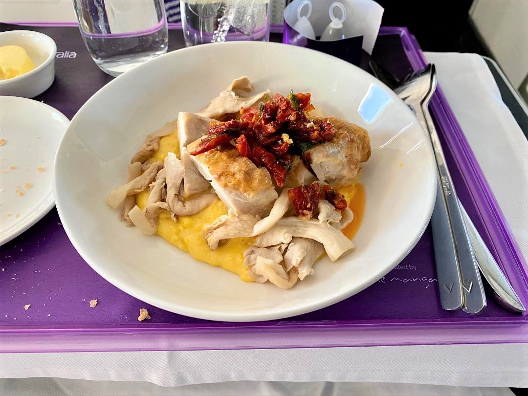 Chicken breast and noodles on Virgin Australia Business Class