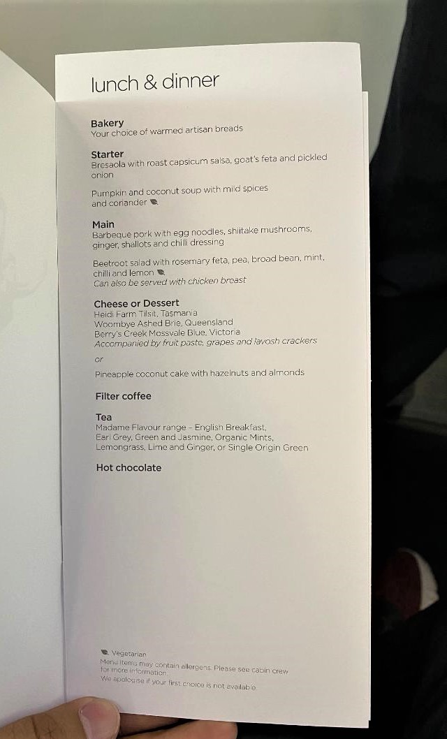 Virgin Australia Business Class Menu