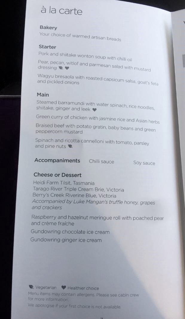 Virgin Australia Business Class Dining Menu