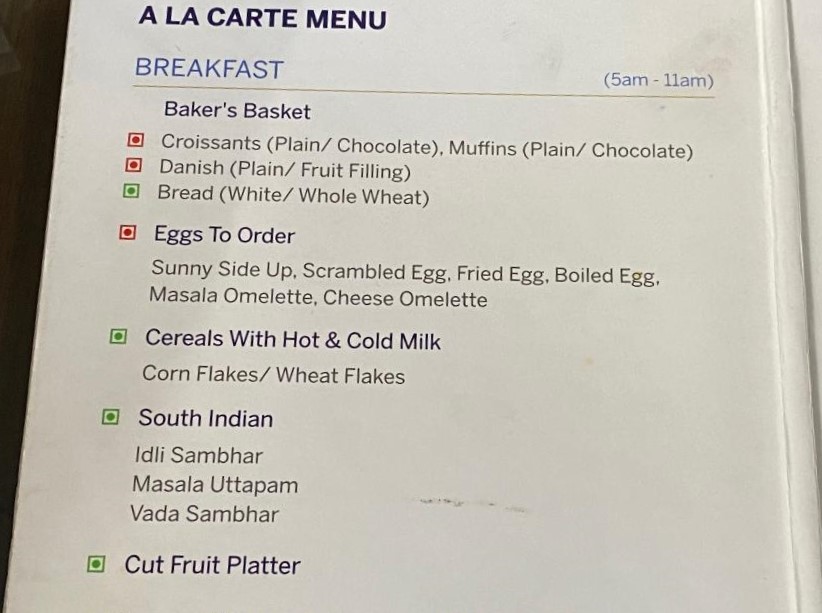 Breakfast Menu - American Express Lounge, Delhi Airport