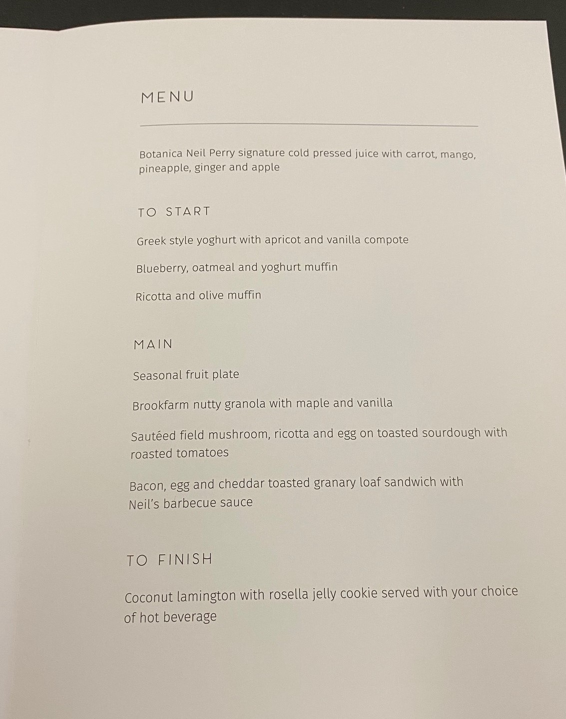 Qantas A-330 Business Class Breakfast Menu