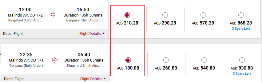 SYD-DPS SUB $400 fares