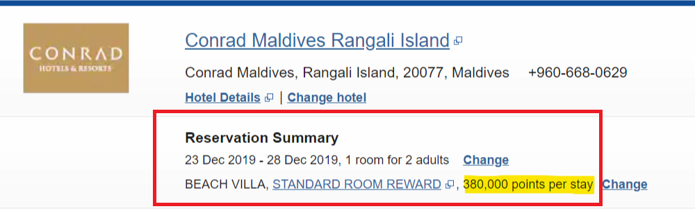 Conrad Maldives, 5th night free on points