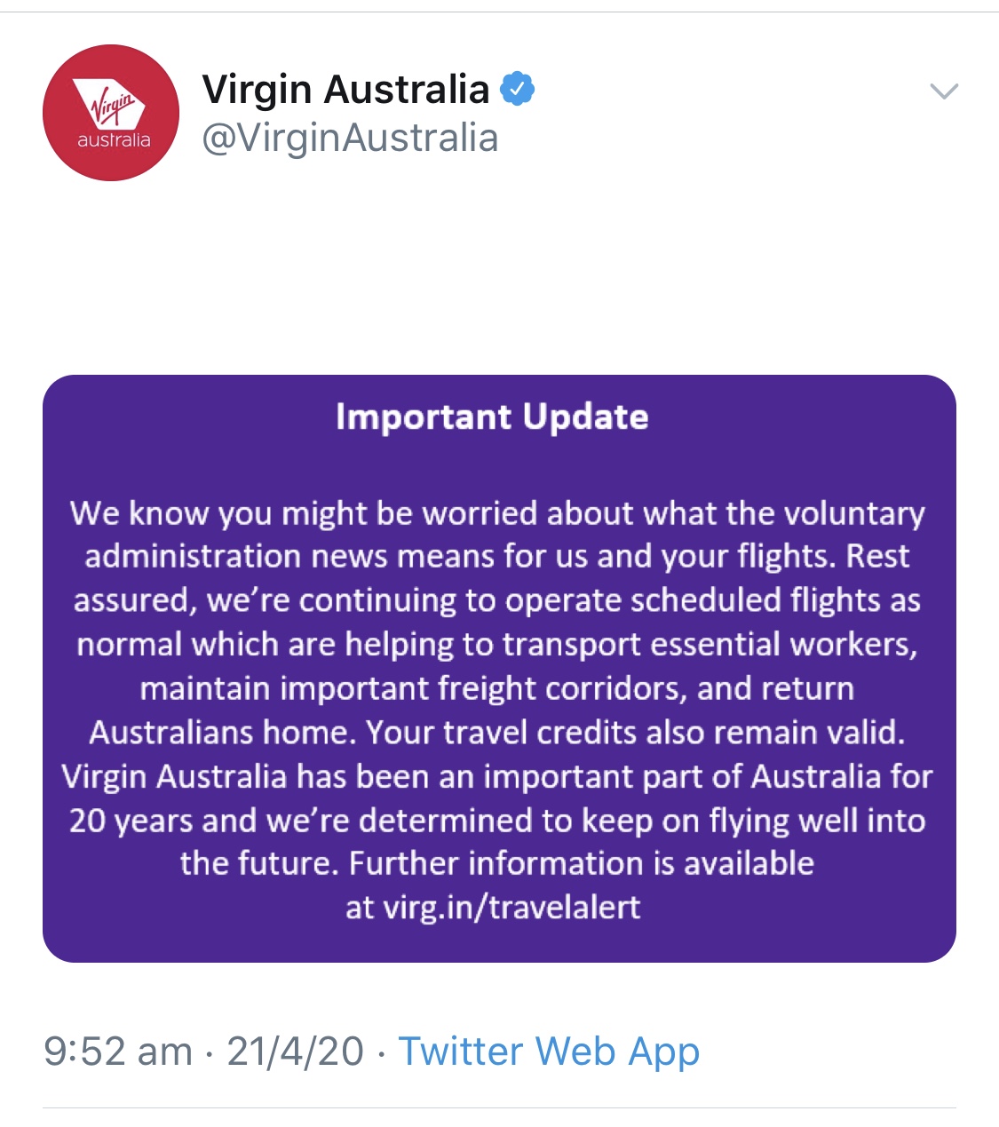 Virgin Australia Tweet