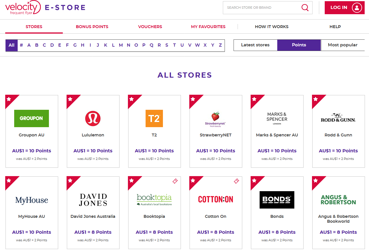 Catalogue of retailers on Velocity eStore