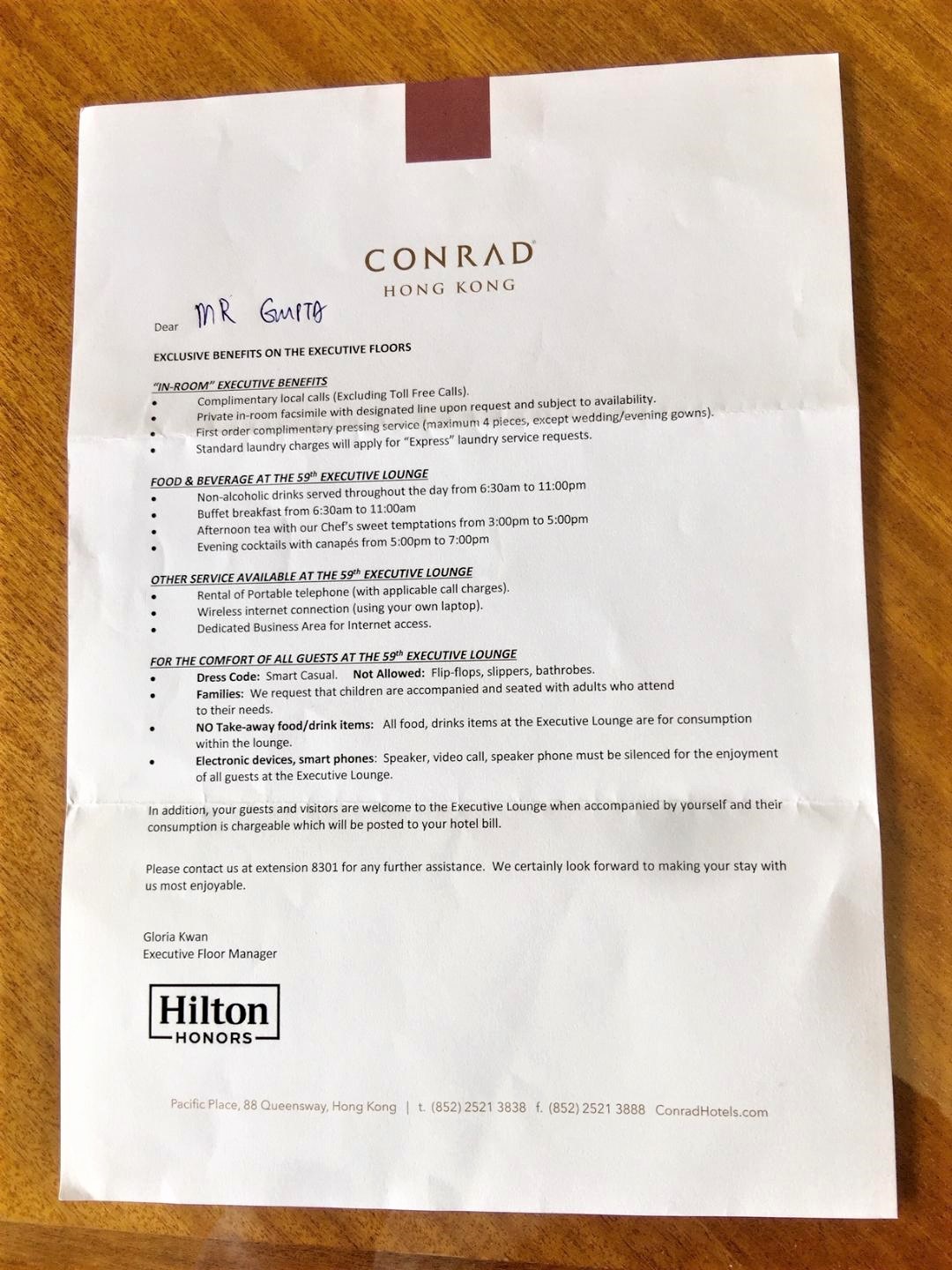 Welcome Letter - Conrad Hong Kong
