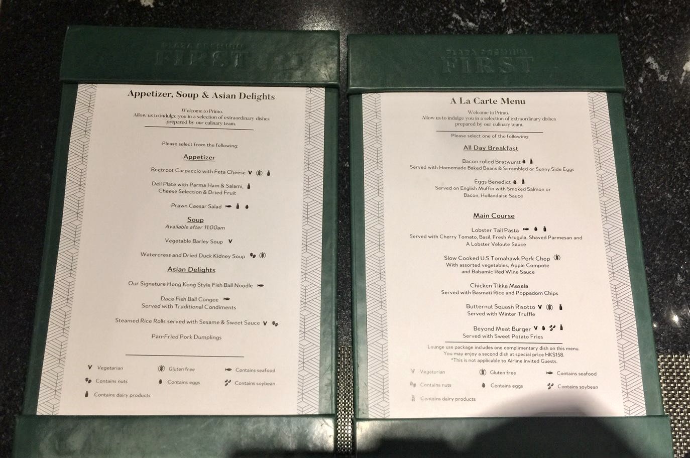 Plaza Premium First, Menu Book