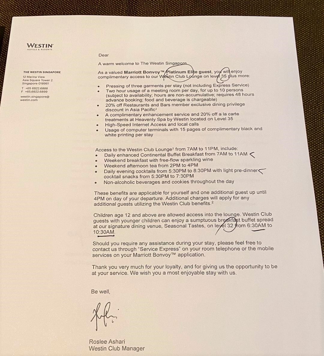 Welcome Letter, The Westin Singapore
