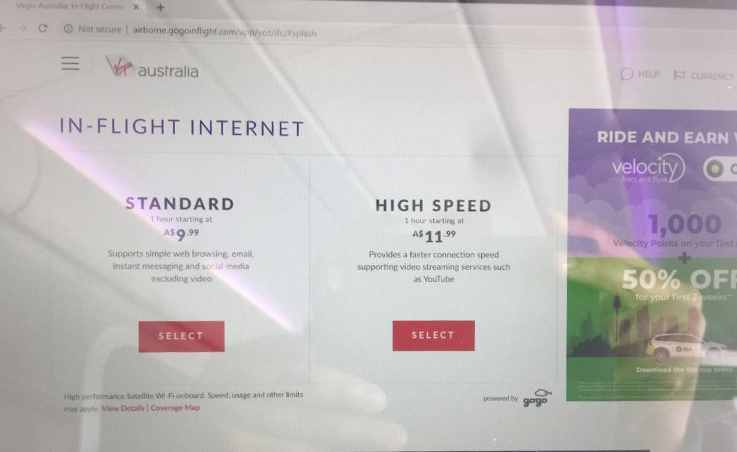 Virgin Australia in-flight wifi pricing