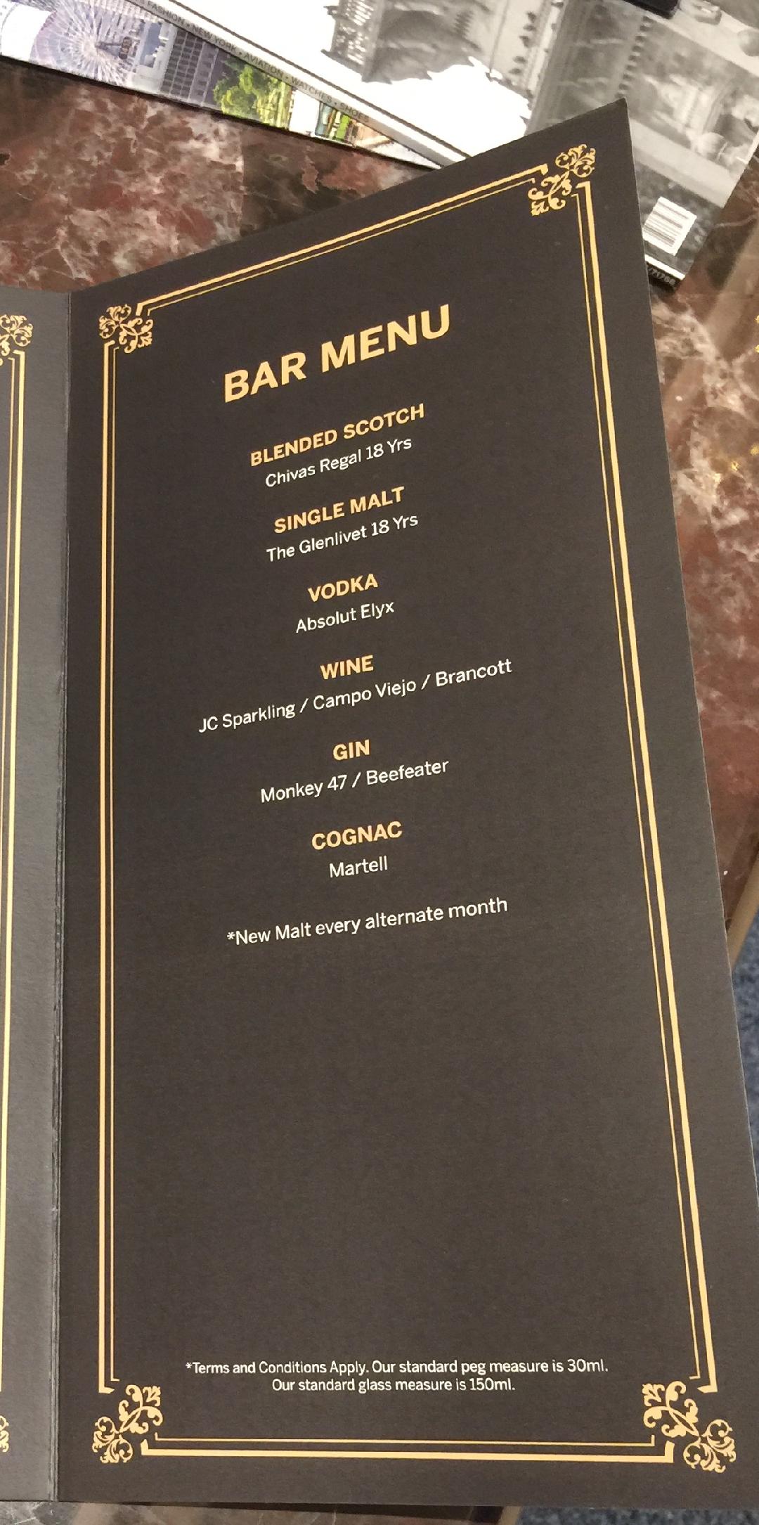 AmEx Lounge Mumbai Drinks Menu